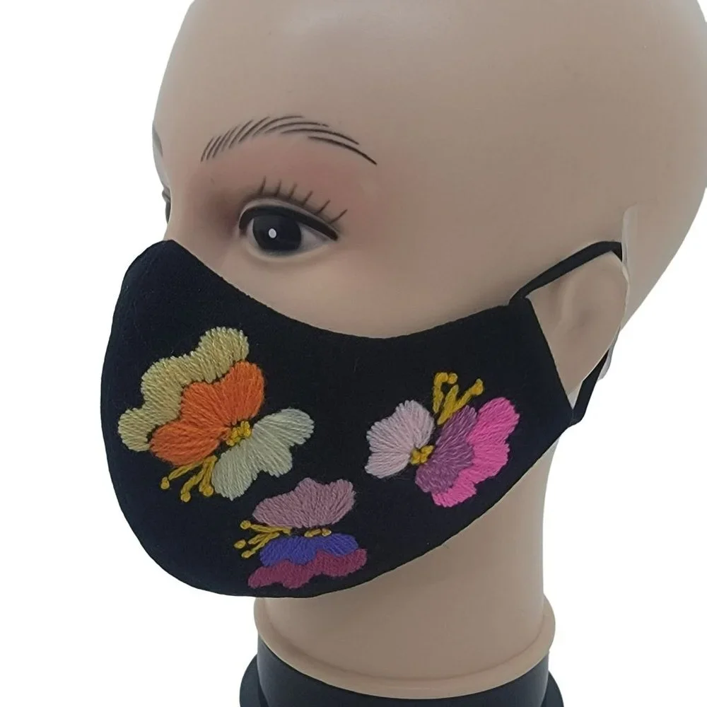 New Cover Face ear loop Women Black Mask Embroidered handmade big Flowers roses